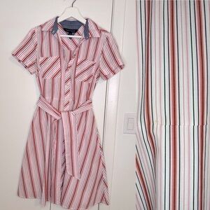 Tommy Hilfiger shirt dress cotton vertical stripe pink white button down belted‍